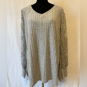 ShallWe Ribbed Knit‎ Top w/ Lace Sleeves Gray 2XL NWT